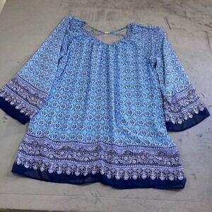 Tommy Bahama Womens Blue Medallion Print Sheer Tunic long Sleeve swim coverup L